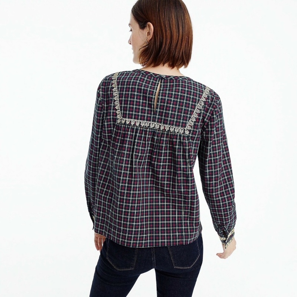 J Crew Embroidered Peasant Top Plaid Gold Filigree - Picture 4 of 8